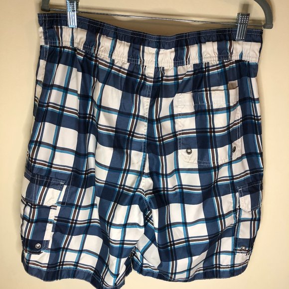 Merona Coastal Blue & White Plaid Swim Trunks Beachy Preppy Vacation - Picture 3 of 11